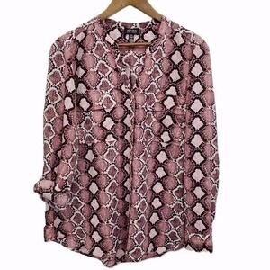 Jones New York Womens XL Blouse Button Front Long Sleeve Snake Print Pink Top